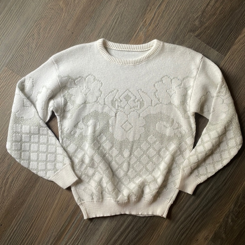 Vintage white knit sweater with metallic floral stitching detail